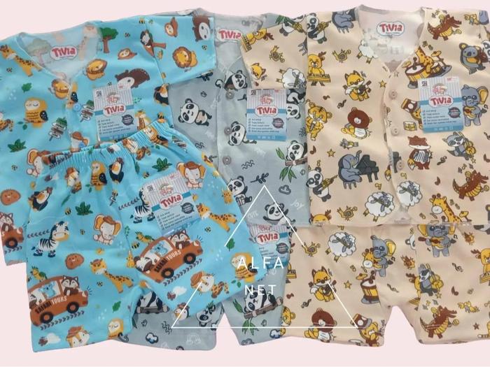 Baju Pendek Kancing depan dan Celana Pendek Bayi Newborn Motif Tivia - 3pcs terpisah / setelan Pende