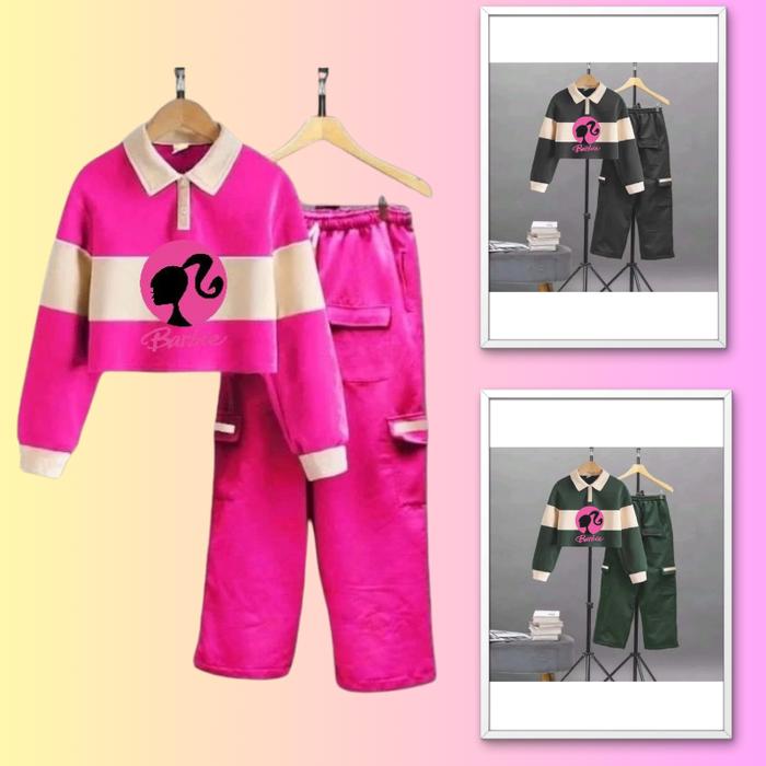 Oneset Barbie Model Salur Kerah Cop Top Celana Cargo untuk Anak Usia 1-12 Tahun - Fashion Perempuan