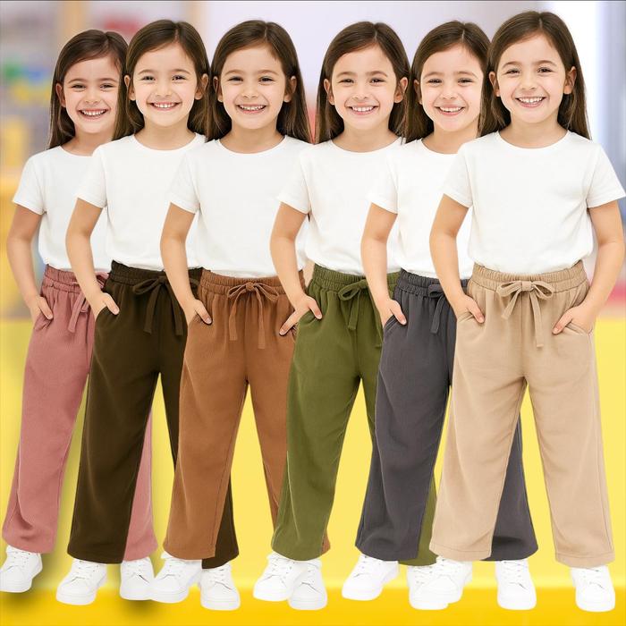 Celana Anak Wanita Kulot Crinkle Panjang Polos Saku Pinggang Cewek Fashion Tali Pinggang Usia 8-12 T