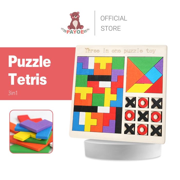 PAYOE 3 IN 1 Mainan Puzzle Tetris Russian Mainan Tetris Puzzle Kayu Tangram Anak