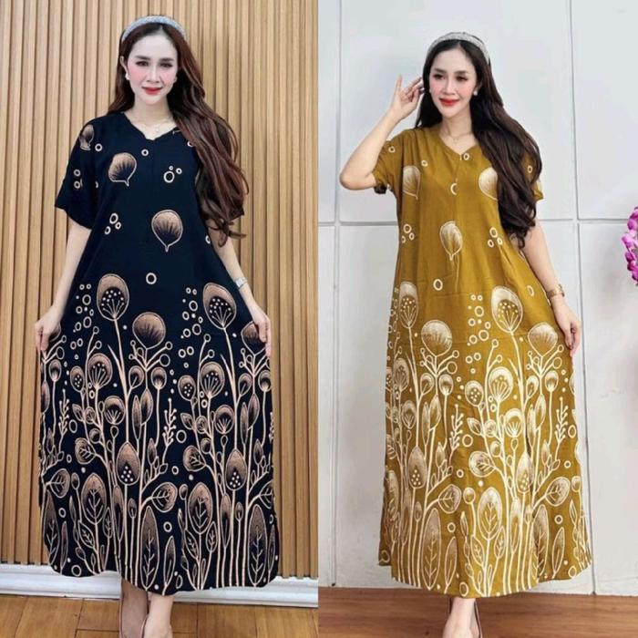 Daster 100 RB Dapat 2 - Gaun Panjang Motif Bunga Hitam dan Kuning - Nyaman untuk Digunakan jombang