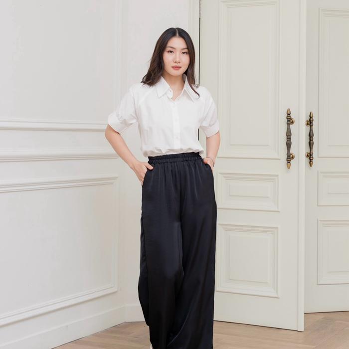 Bievy - Celana Panjang Wanita Highwaist Satin Premium | Elegant Loose Pants Look E.315