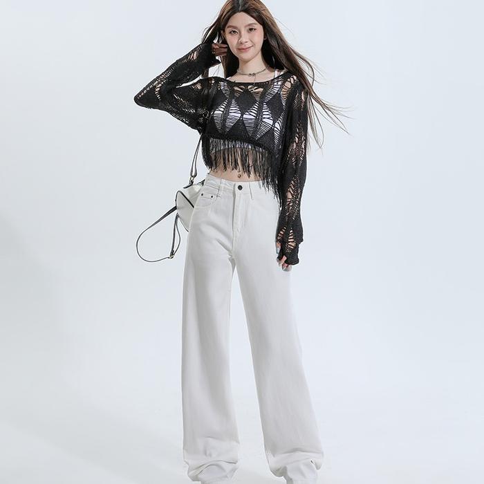 Koleksi Jeans Baggy Panjang High Waist Wanita Warna Palet Melange Denim Putih Retro Hitam Solid Biru