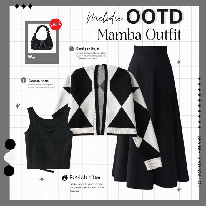 OOTD Berhijab 1 Set |  | Tanktop, Cardigan Rajut  Motif Diamond , Rok Polos  Hitam  Karet | Outfit  