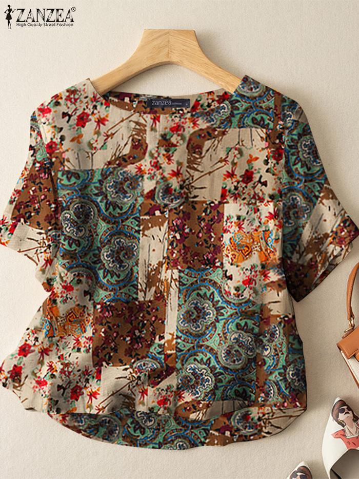ZANZEA Summer Bohemian Tops Tunic Vintage Women Short Sleeve Blouse Casual Floral Printed Work Shirt