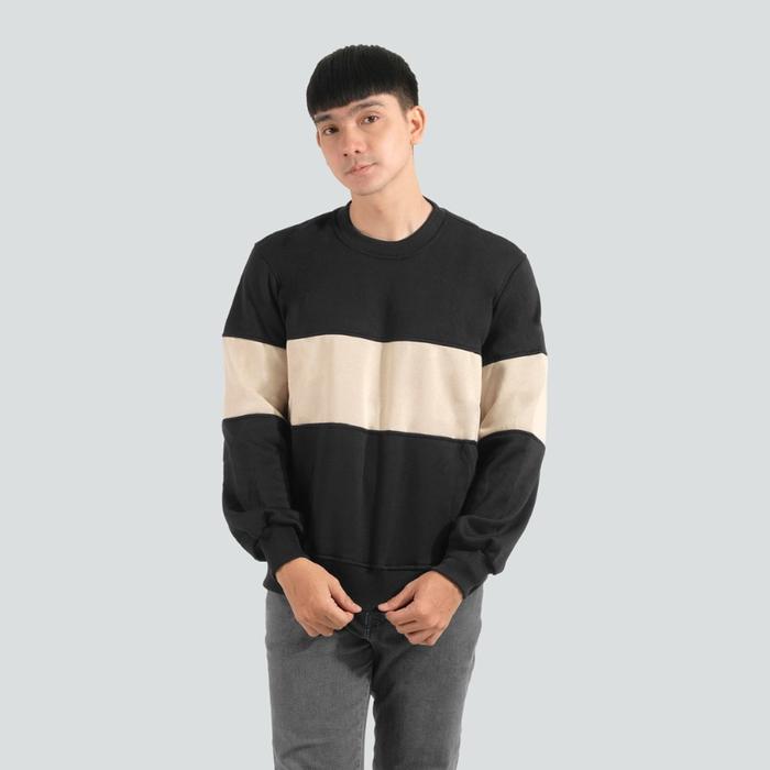 Mcvois Sweater Crewneck Kombinasi 2D Hitam Plat Krem