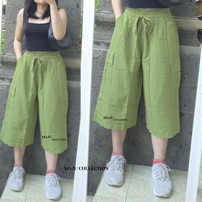 Celana Kulot 7/8 Cargo Bahan Linen Premium Kekinian Pinggang Karet Celana Wanita Kulot Linen Standar