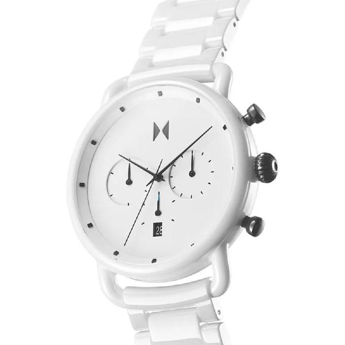 Jam Tangan Pria Man Watch MVMT Blacktop Chronograph White Ceramic Strap White Dial