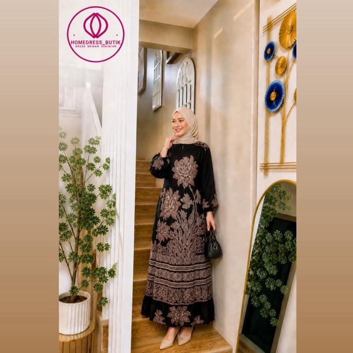 Homedress Butik - Daster Ruby Black Premium Rayon Motif Cantik Busui Friendly Dress Elegan Adem Nyam