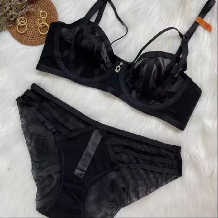 Bra Set Lingerie Elegan Model 5312 Warna Hitam Bahan Satin Ukuran 32B 70B