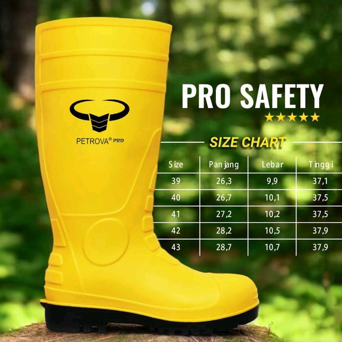 Petrova Sepatu Boots Safety Pro Pria Kuning dengan Size Chart Detail Panjang Lebar dan Tinggi Sepert
