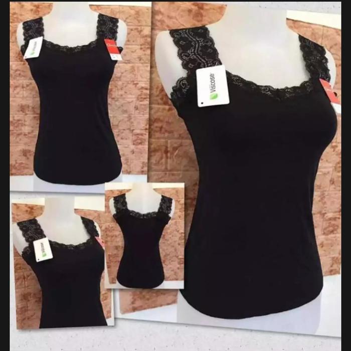 promo Live Tik Tok Tengtop Renda wanita Cewek Top Hitam Melar Panjang Rayon Tank Atasan - Hitam, L -