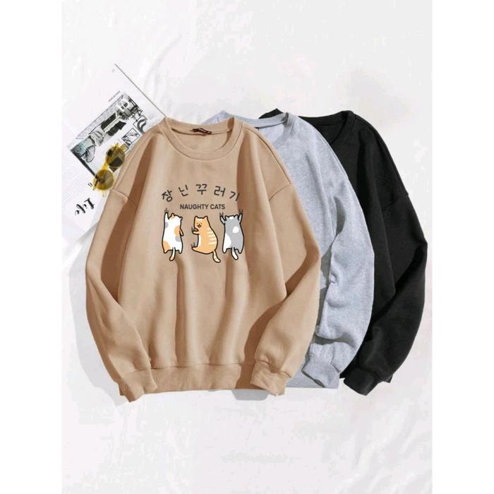 Naughty Cats Sweater Wanita Crewneck Oversize