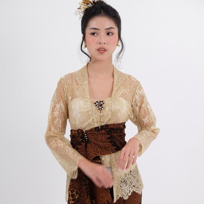 Kebaya Brokat Kancing Bungkus Warna Gold - Baju Wanita Dewasa - Katun, Top, Panjang, Hitam, Crop, Sh