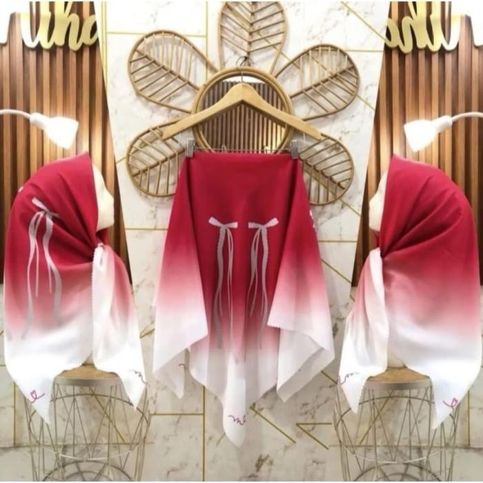 Hijab Segi Empat Voal Motif Pita Dua Warna Merah Maroon Putih Jilbab