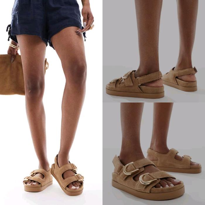 STRADIVARIUS SANDAL SENDAL LEATHER FLAT WITH BUCKLES  BROWN BARU ASLI ORIGINAL