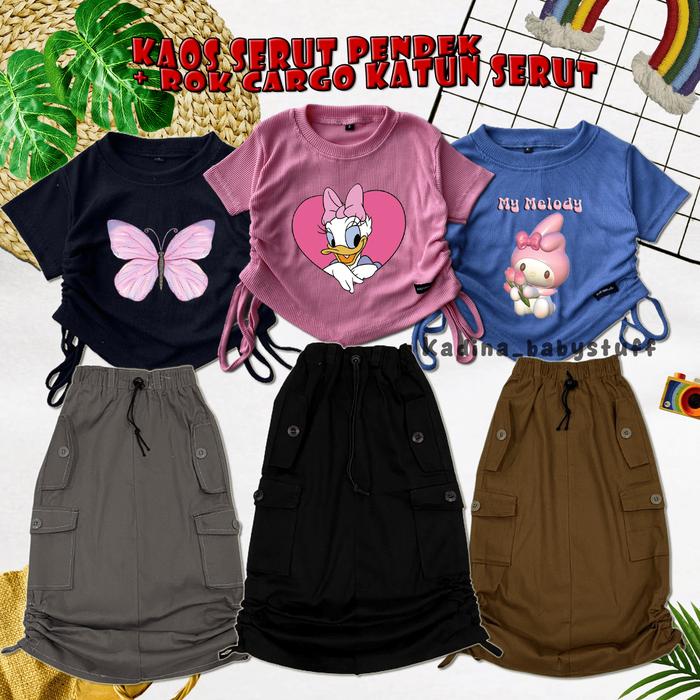 SETELAN OOTD ANAK PEREMPUAN/ ROKAR KATUN SERUT/ KAOS CROPTOP PENDEK/ MOTIF KARTUN 1-12 THN