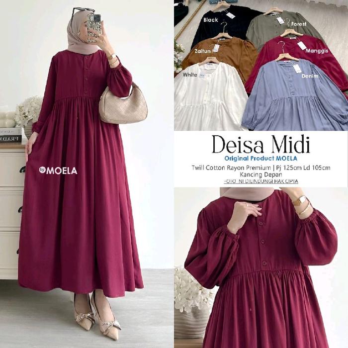 MOELA Deisa Midi Dress Gamis Polos Twill Cotton Rayon Premium Ori by Moela Ld 125cm Pj 105cm Kancing