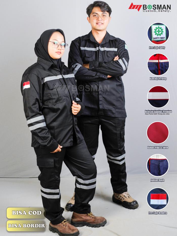 Setelan wearpack safety-hitam polos-atasan bawahan safety pria dan wanita-kemeja kerja lapangan