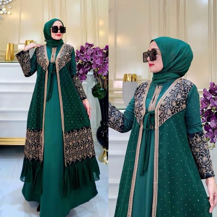 Abaya Tamara Busui warna Hijau Muslim Gamis Arab Mewah Bordir Ceruty Lembut Wanita Hitam Dress Syari