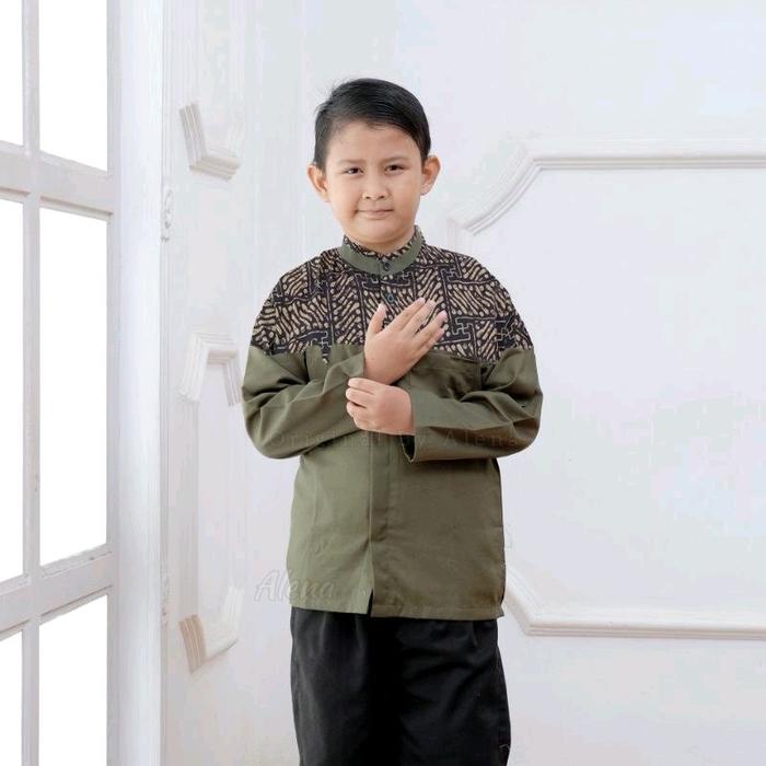 ATASAN BAJU KOKO ANAK COWOK LAKI LAKI KEMKO FARHAN POLOS KOMBINASI BATIK WARNA HIJAU ARMY/ABU/BIRU D
