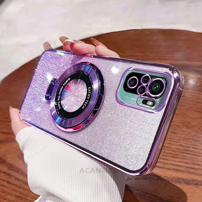 Soft Case Xiaomi Redmi Note 10 10S 10 Pro Casing Luxury Glitter Plating Ring Magnetic Holder