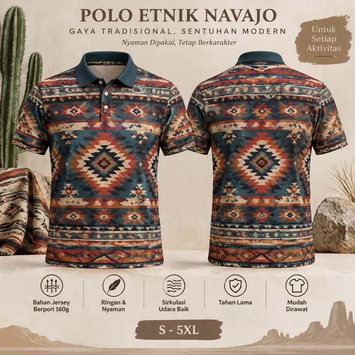 Polo Pria Motif Etnik Navajo Warna Biru Tua Lengan Pendek Kerah Kontras