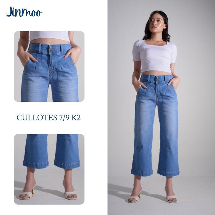 JINMOO - CULLOTES 7/9 K2: Celana Jeans Stretch Kulot 7/9 Karet Belakang Wanita, Denim Casual Santai