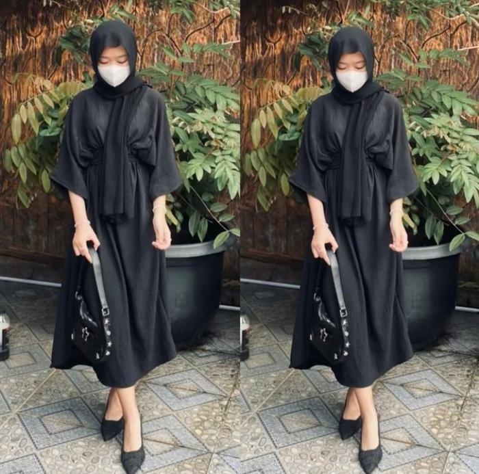 Alifa Midi Dress-Gamis Lebaran Wanita Dewasa-Dress Cringkel Airflow Terbaru - Muslim, Panjang  Hitam