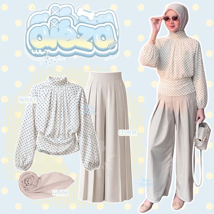 Setelan Blouse Wanita Polkadot 3in1 OOTD  / atasan Echa Blouse Shakila + celana Tallora Pants Wide L