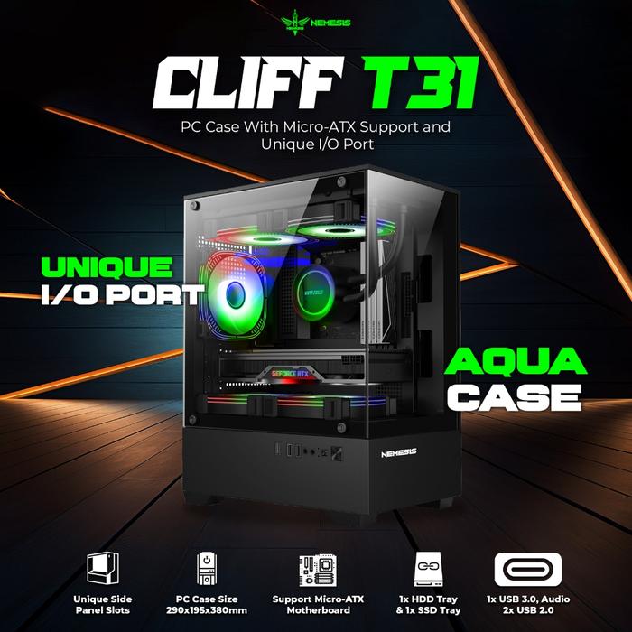 PC Case Gaming Micro ATX / M-ITX Tempered Glass Nemesis T31 CLIFF Casing PC