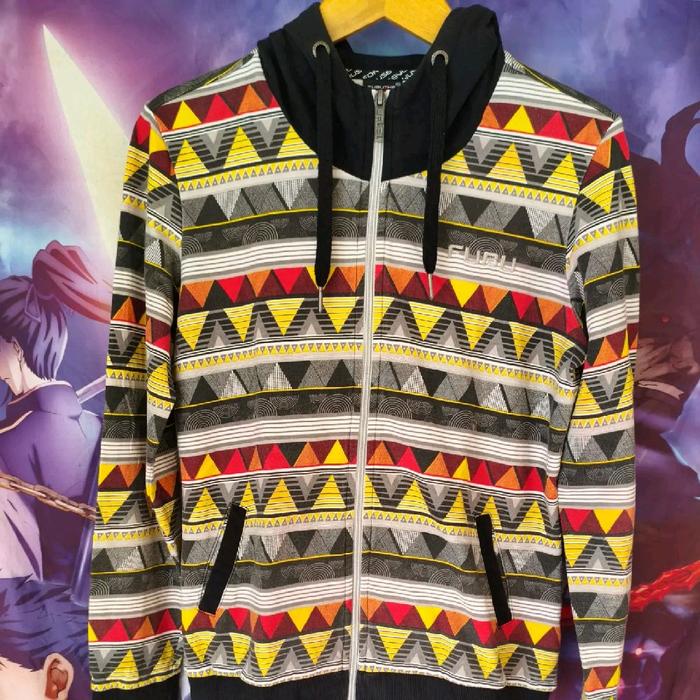 Vintage 2009 FUBU Tribal Aztec Pattern Full-Zip Hoodie M Jaket Jacket Atasan Luaran Rap Mewah Unik O