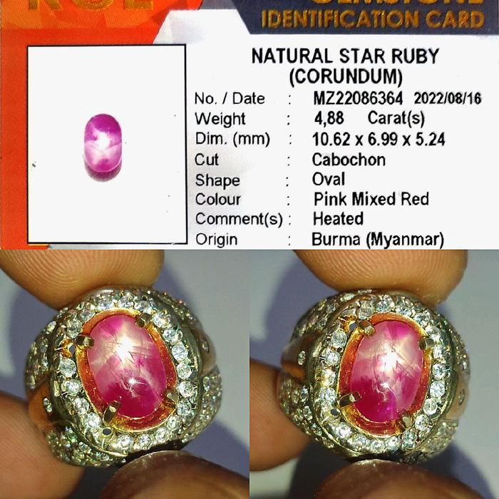 HQ Natural Star Ruby Burma Belang Koi Merah Putih 4.8ct KGL Top Crystall Star Kenceng Warna Cakep Ri