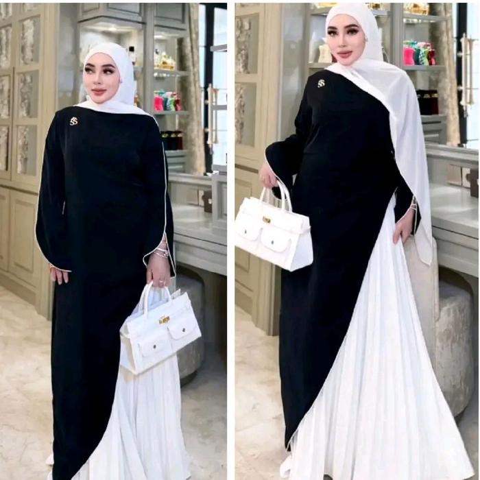 Dress Gamis Mix plisket Shellasaukia Muslim Wanita Dewasa Lebaran Mewah Remaja Pesta Syari Nyaman Le
