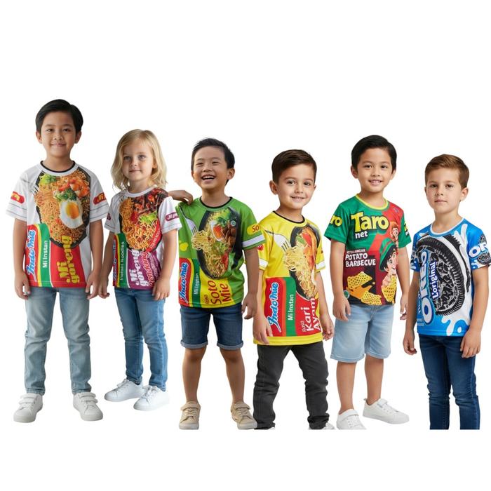 Kaos Lucu Dan Unik Anak Cowok Dan Cewek Kemasan Snack Indomie Oreo Taro
