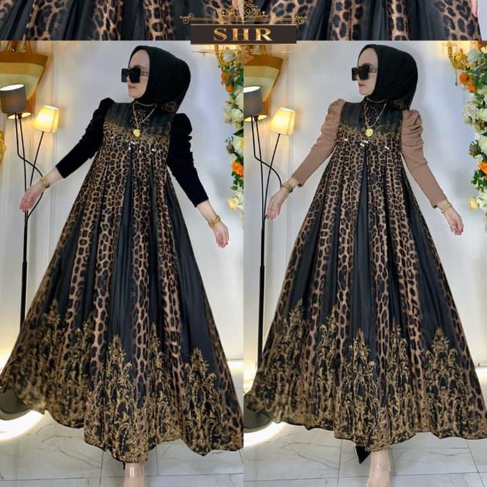 NEW SHR MIDI DRESS LEOPARD MIX LENGAN RAJUT ORI SHR Gaun Wanita Elegan dengan Motif Leopard dan Leng