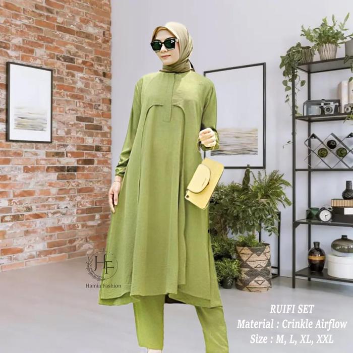 HAMIA|Ruifi|Setelan Wanita Muslim Polos Tunik Panjang dan Celana Kulot Oversize Bahan Crinkle Premiu