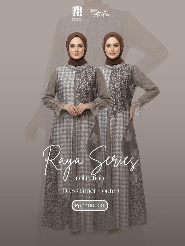 BATIKBULE | Raya Series | Humaira Dress Series Jumputan Mocca - Inner Satin Yamaha Kombinasi Santily