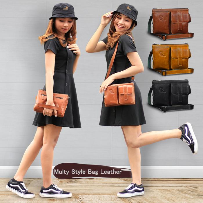 Tas Selempang Pria QI LEATHER / Tas Kuliah Cowok Bahan Kulit Sapi Asli HB09 Slingbag Waistbag