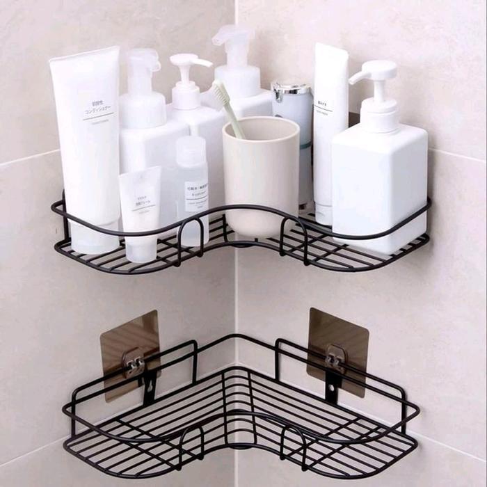 Rak Sudut Dinding Kamar Mandi + Perekat Dinding, Rak Dinding Dapur Serbaguna, Rak Kosmetik L Besi Ta