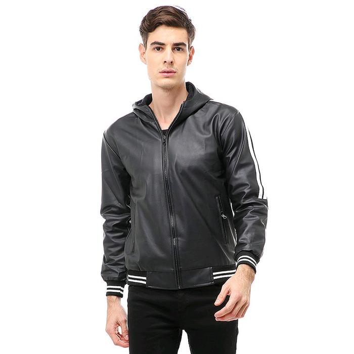 Jaket Kulit Hoodie Pria Warna Hitam Style Casual Motif Garis Putih