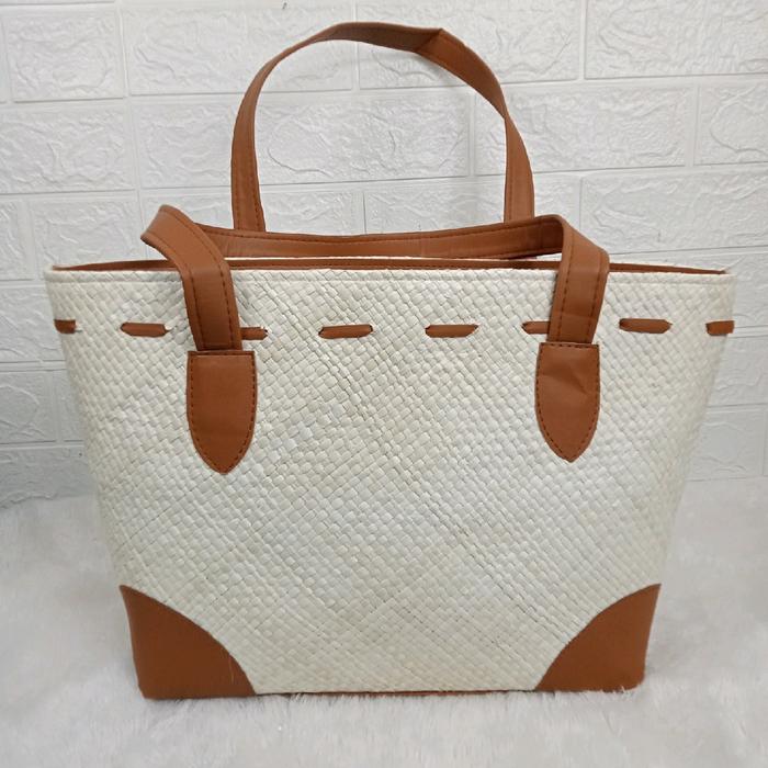 Tas Kepang Sulam Strip Anyaman Pandan Tote Putih/Coklat - Selempang, Totebag Wanita