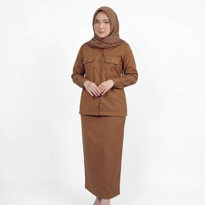 Setelan Baju Kemeja Rok Celana Pemda Dinas PDH PNS Wanita Model Saku Dada Warna Khaki Tua
