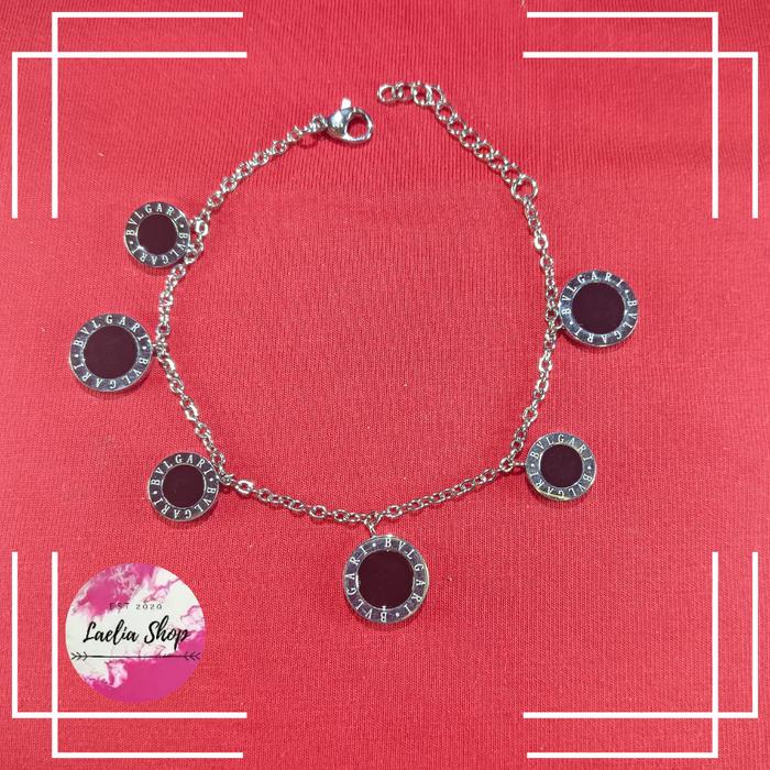 [Laelia Jewelry] Gelang Tangan Liontin Bvulgari Bulat Hitam Besar Kecil Titanium Import Asli Anti Ka