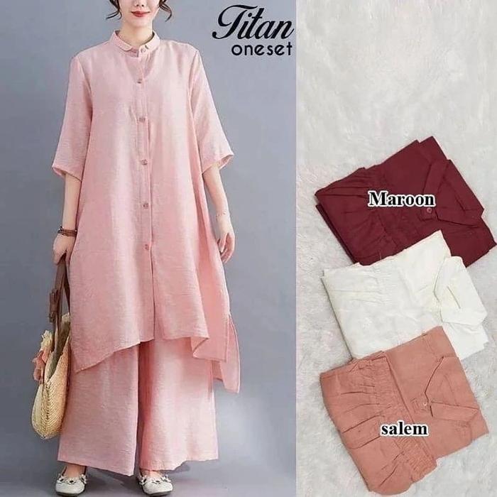 Solaria One Set 2 In 1 / Set Atasan + Celana Polos Matt Katun Linen / Setelan Wanita Simple Murah