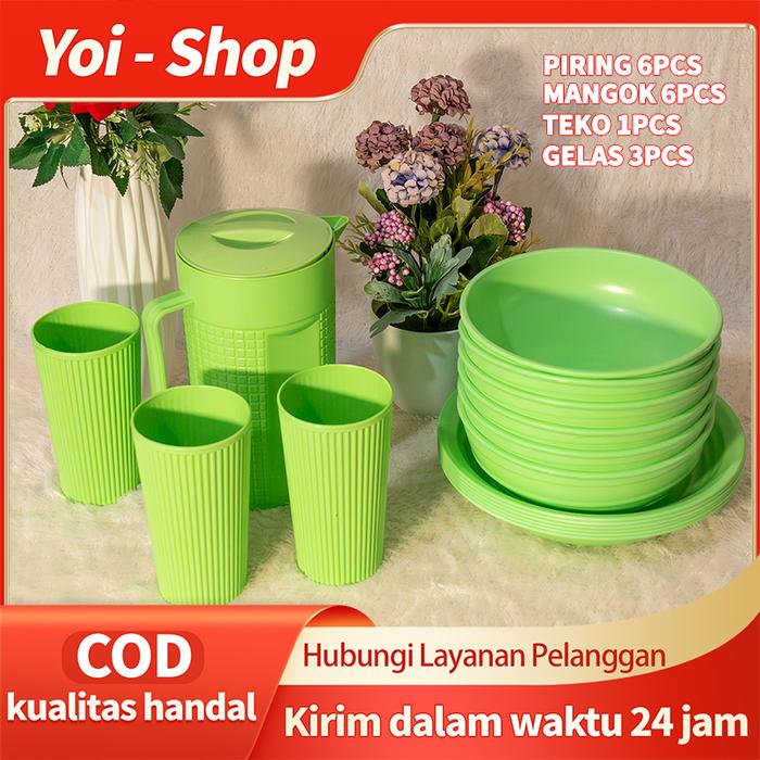 Yoi - (16 Pcs) Mangkok Set / Piring Aesthetic / Piring 6 Mangkuk 6 Teko 1 Gelas 3 Plastik
