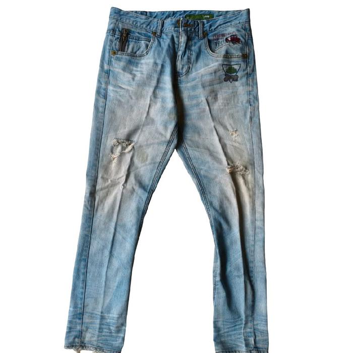 Y2K Jeep Distressed Patchwork Light Wash Denim Jeans Celana Panjang Original Second Japan Korea Merc