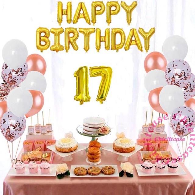 Set balon foil gold confetti konfeti happy birthday sweet 17 th party