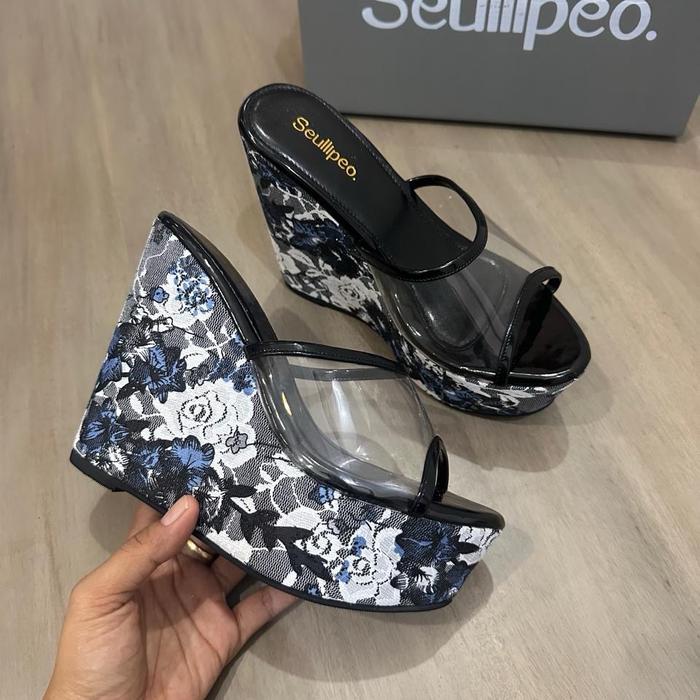 sandal wedges 12cm glitter bunga mika transparan