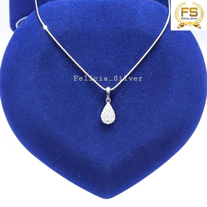 KALUNG PERAK ASLI SILVER WANITA 925 LAPIS EMAS PUTIH MODEL LIONTIN OVAL KECIL PERMATA FULL - PERHIAS